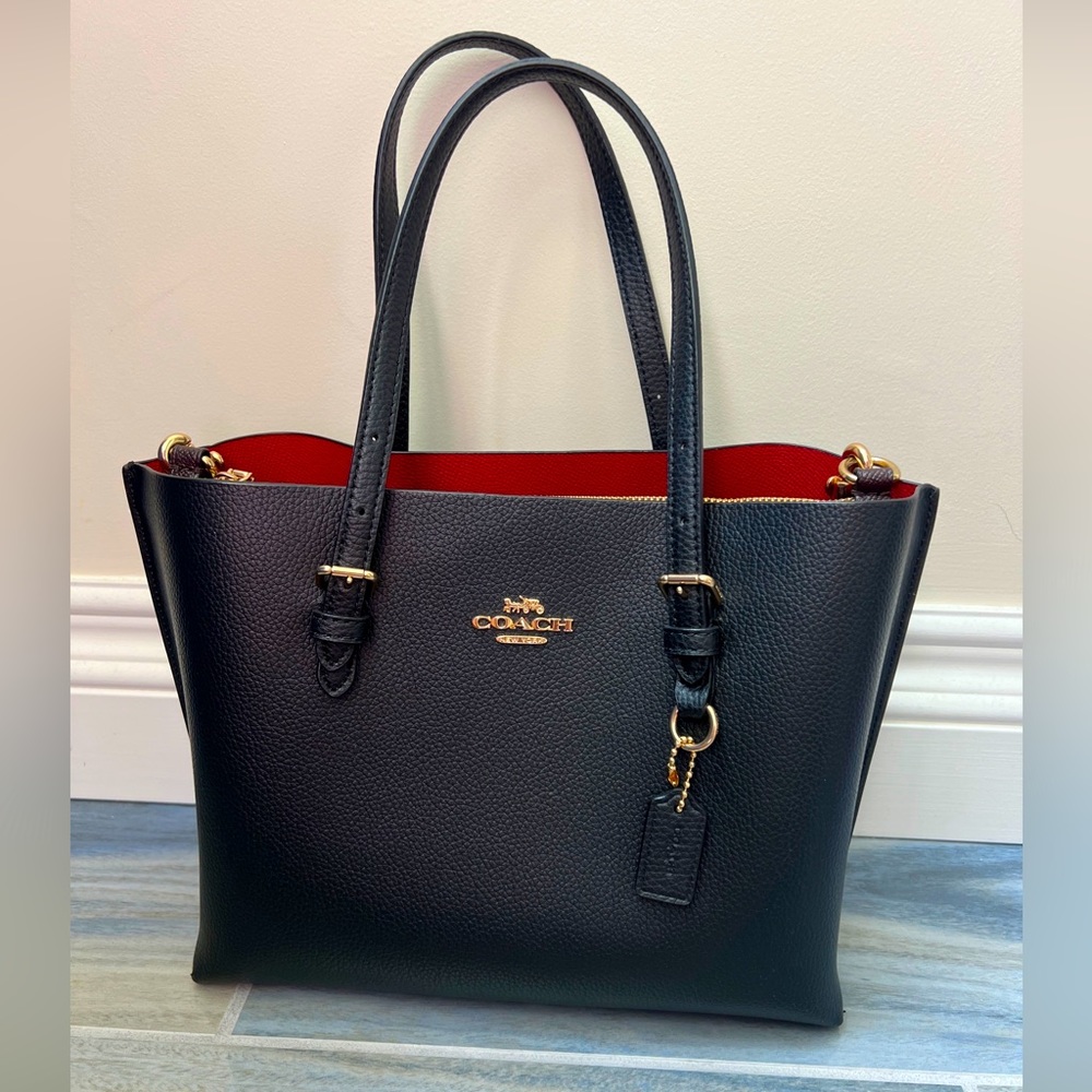 Coach Mollie 25 Small Tote Black True Red. Shoulder Bag. W Crossbody Strap.